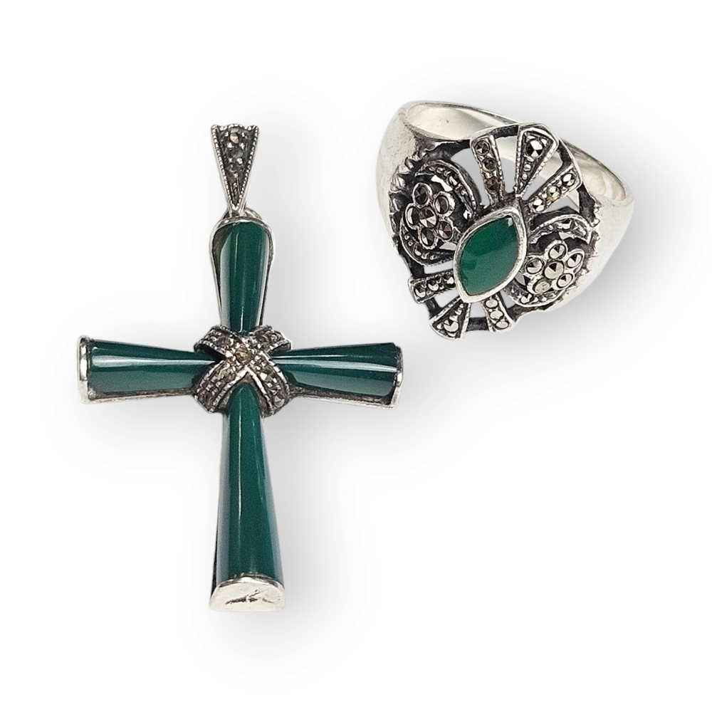 Cross Pendant Flower Ring Set Sterling Green Chalcedony Marcasite 925 Silver 11